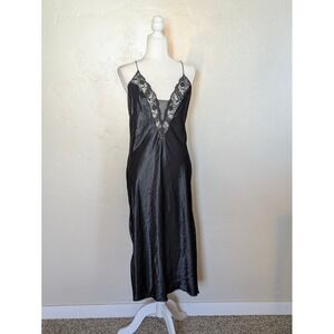 Vintage 90s Black Satin Slip Dress Lace Val Mode USA Bias Cut Midi